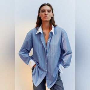 H&M blue and white striped poplin oversized shirt - size XS - 100% cotton
